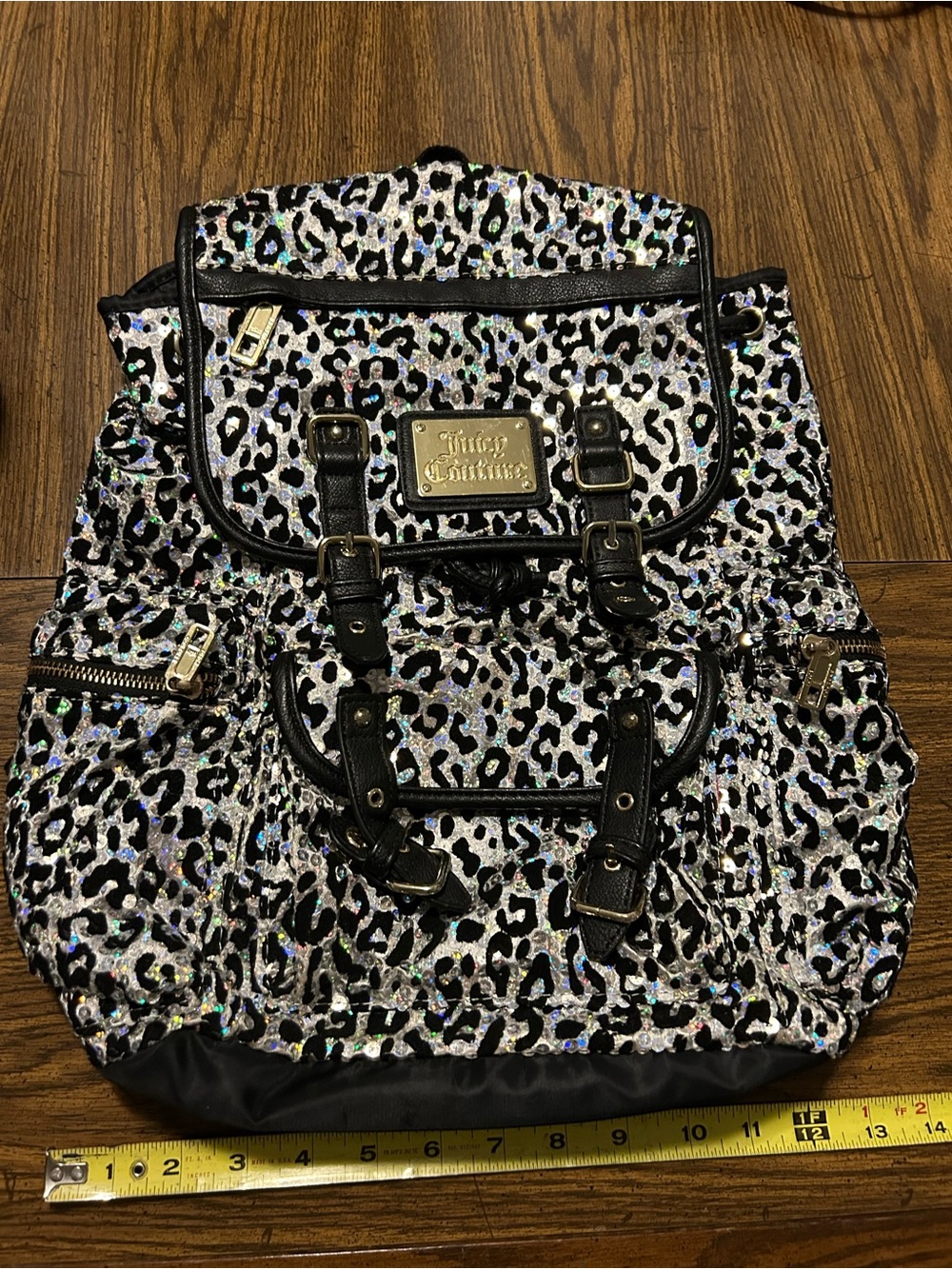 Juicy Couture Silver Holographic Leopard Print Backpack with Black and pink